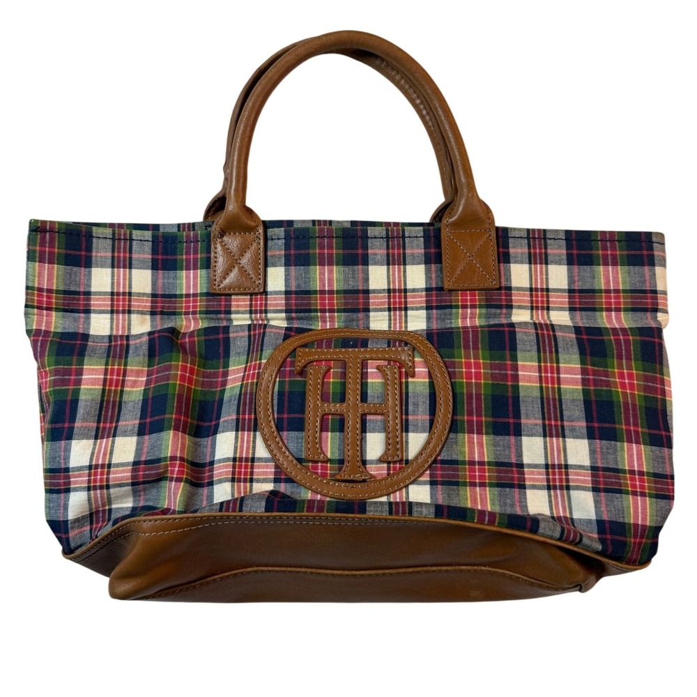 Y2K Tommy Hilfiger Tartan Plaid Tote Handbag TH Monogram Preppy Cottage